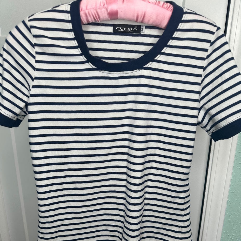 Cusma Medium navy blue and white striped short-sleeve crew neck t-shirt
